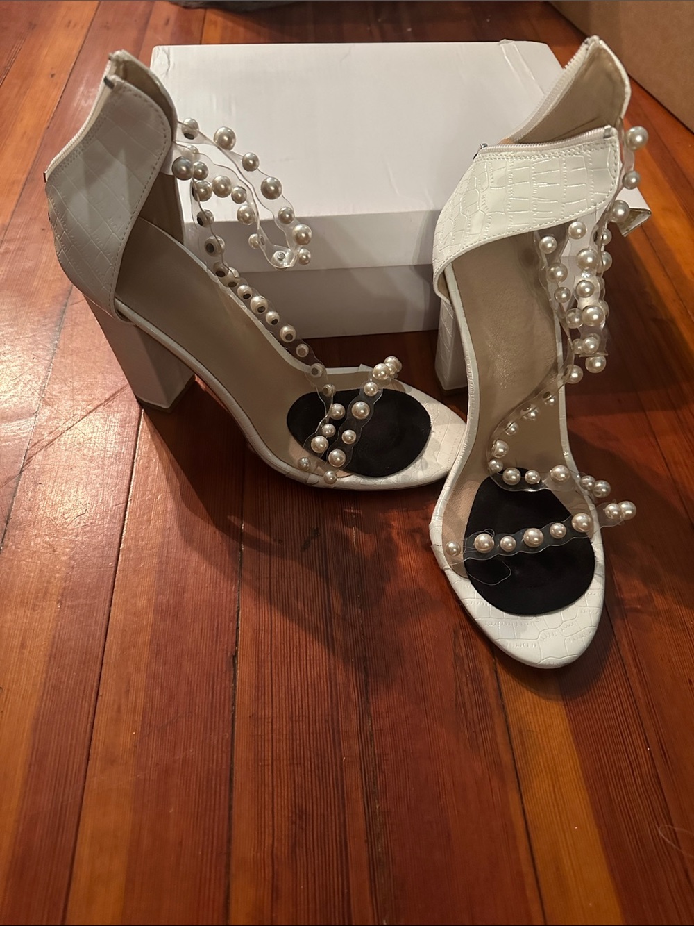 Elegant White Pearl-Embellished Block Heel Sandals